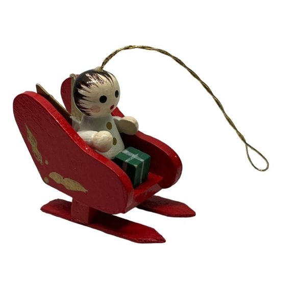 Angel in Red Sleigh Christmas Tree Ornament Wood Vintage 1.5 Inch Tall - Picture 1 of 5